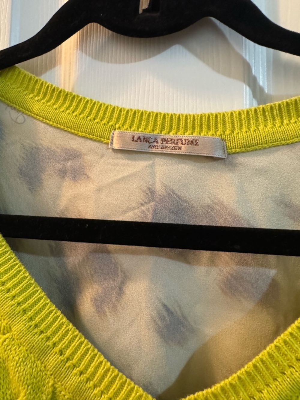 Lime Green Knit Sweater with Leopard Chiffon Back – Size M - Picture 3 of 4